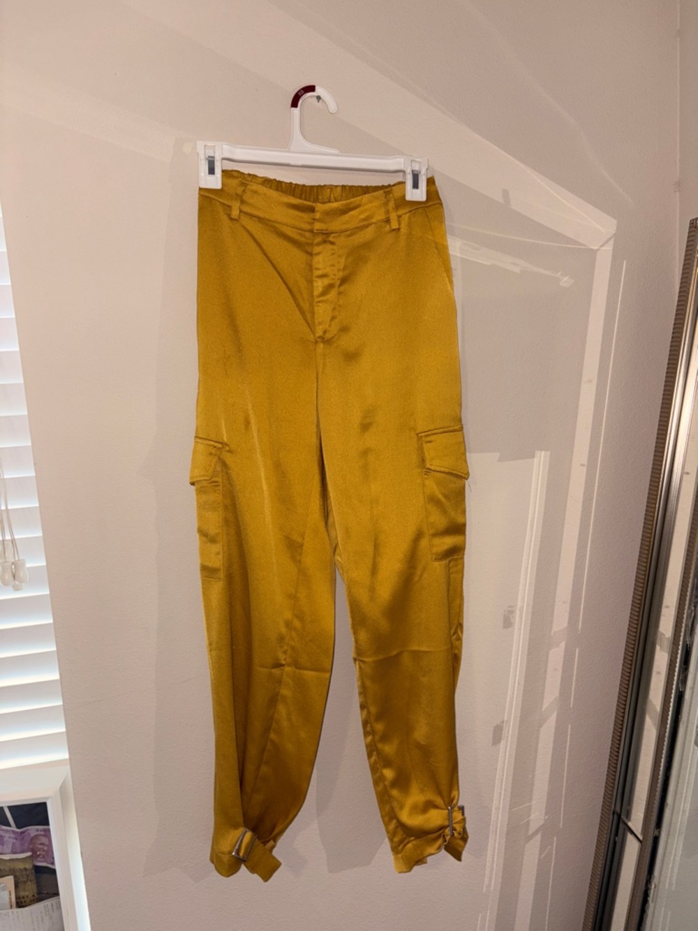 Satin Cargo Joggers in Mustard